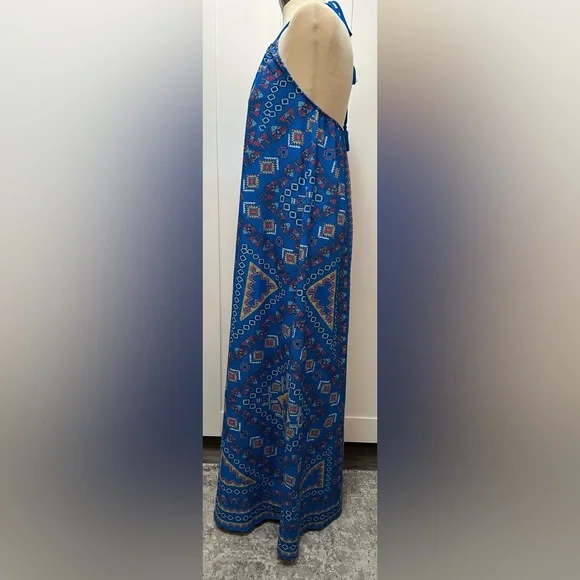 Blue Patterned Halter Maxi Dress Sz MED - Picture 3 of 3